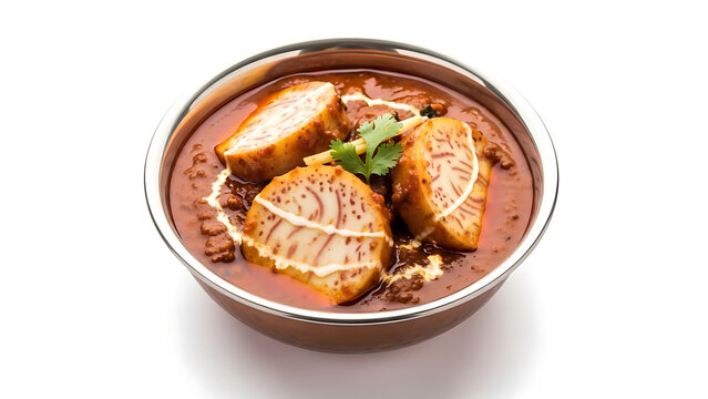  Hearty Suran Ki Sabji Elephant Foot Yam Curry in Spicy Red Tomato Gravy Served in Traditional Stainless Steel Bowl.