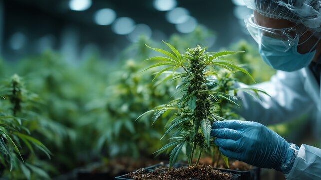 Close-up of scientist checking cannabis plants in minimalist farm setting with copy space for agriculture research
