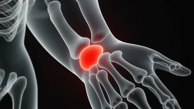 Medical 3D visualization of human wrist skeleton highlighting inflamed carpal bones in red to demonstrate joint pain or injury.