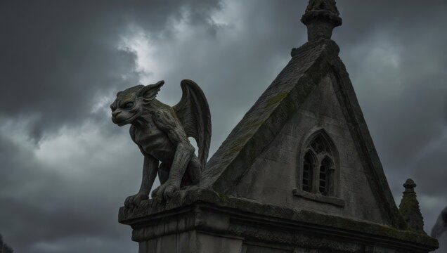 A gargoyle perched atop a weathered, gothic-style building, against a stormy sky