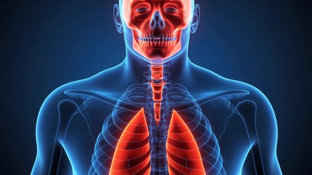 3D medical visualization highlighting the human respiratory system with glowing red lungs inside a transparent blue torso.