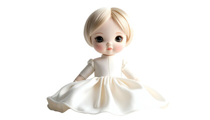 Fototapeta premium Adorable doll with large eyes, fair hair, and ivory dress, isolated on black
