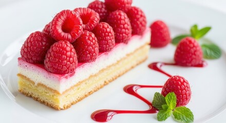 Delicious Raspberry Cake Slice with Fresh Mint Garnish.