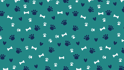 Cute seamless pattern with white and dark blue scribble paw prints, bones, and hearts on a teal background vector © rochmuch