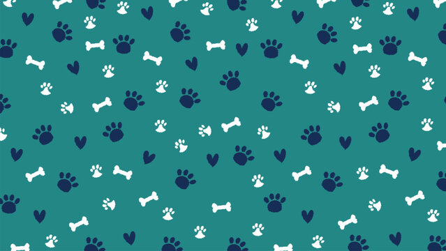 Cute seamless pattern with white and dark blue scribble paw prints, bones, and hearts on a teal background vector