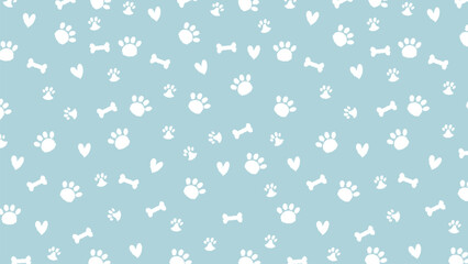 Cute seamless pattern with white hand-drawn scribbled paw prints, bones, and hearts on a blue background © rochmuch
