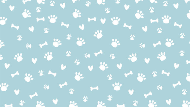 Cute seamless pattern with white hand-drawn scribbled paw prints, bones, and hearts on a blue background