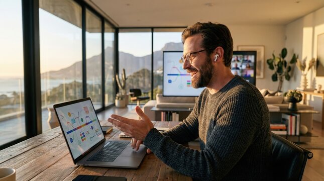 Smiling man working remotely from home office on video call,using laptop and colorful diagram,modern remote work environment,digital collaboration concept