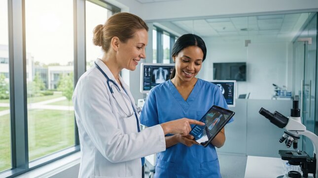 Female doctors using tablet for patient medical record consultation,modern digital healthcare technology,clinical diagnostics discussion in hospital lab