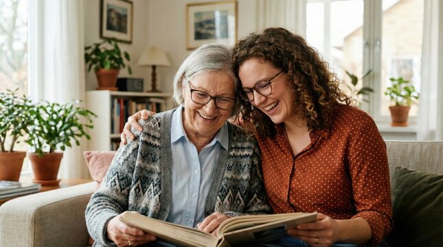 Happy elderly woman with adult daughter sitting on couch,smiling and looking at photo album,concept of family bonding,memories and generational connection