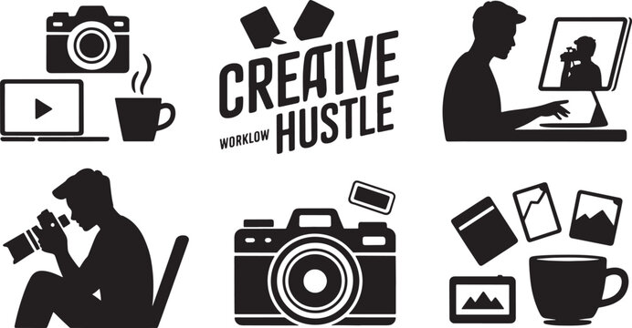 Photography workflow elements and creative hustle workspace icons with cameras and coffee cups