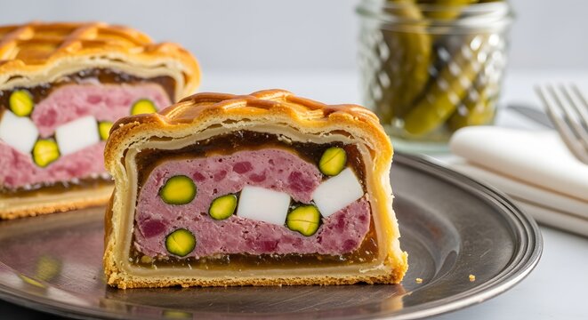 P&acirc;t&eacute; en Cro&ucirc;te Slice with Pistachios and Egg on Plate