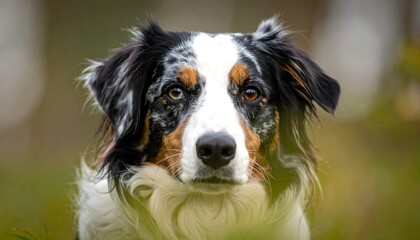 A close-up portrait of a dog with a predominantly white face and brown markings