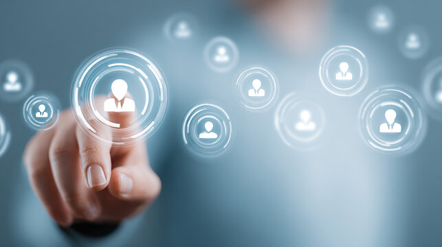 Digital Human Interaction: A close-up shot of a finger tapping on a digital interface representing individual profiles, symbolizing interconnectedness, technology, and global networking. - Powered by Adobe