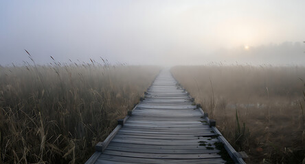Obraz premium Misty Wooden Boardwalk Path Through Foggy Reeds at Sunrise.