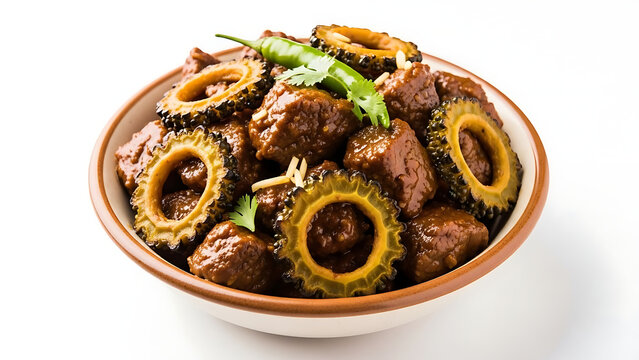 Savory Indian Meat and Bitter Gourd Stew Karela Gosht Featuring Tender Beef Chunks and Sliced Bitter Melon in a Spicy Tomato Gravy for Traditional Culinary Arts and Menus