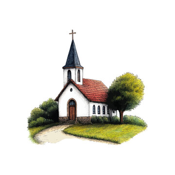 old churc with the view drawn vector illustration