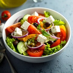 A fresh and vibrant salad with various vegetables and cheese in a white bowl