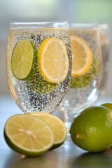 Sparkling water with lemon and lime slices in glasses