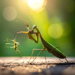 A green praying mantis standing on a surface with another insect