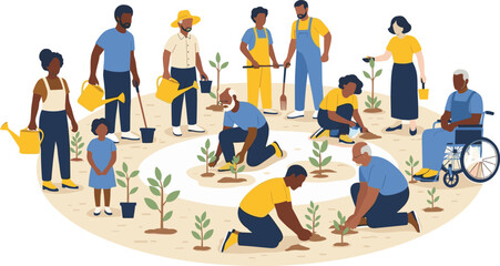 Community gardening teamwork illustration with diverse volunteers planting trees together for environmental sustainability and social cooperation vector design