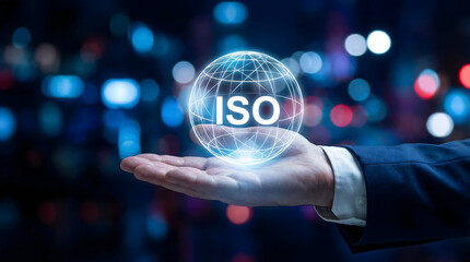 Professional hand holding a glowing ISO globe in a dark setting with blurred city lights symbolizing global standards and technolo
