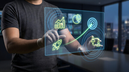 Man in gloves interacts with a glowing digital screen displaying business growth charts and strategic targets in a modern office a