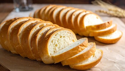 A loaf of bread sliced into multiple pieces on a table
