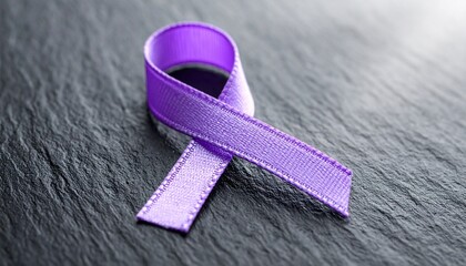 Purple lavender awareness ribbon tied in a knot on rough dark slate background. Symbol of support for all cancer survivors and general cancer fighting.