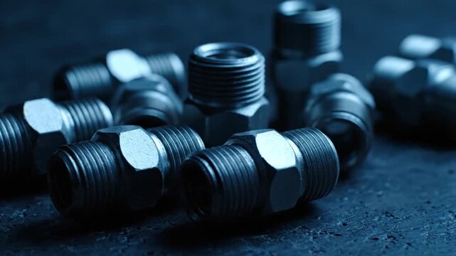Metal pipe fittings on dark surface.