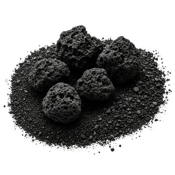 large, jagged, porous black volcanic ash clods and ultra-fine dust, captured in a high-contrast macro studio shot against a transparent background, conceptual study of texture and decay