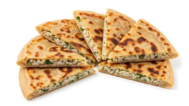Delicious Homemade Indian Stuffed Paratha Slices Filled with Fresh Herbs and Spices Served as a Healthy Breakfast or Appetizer on White Background for Culinary Blog and Food Marketing Concept