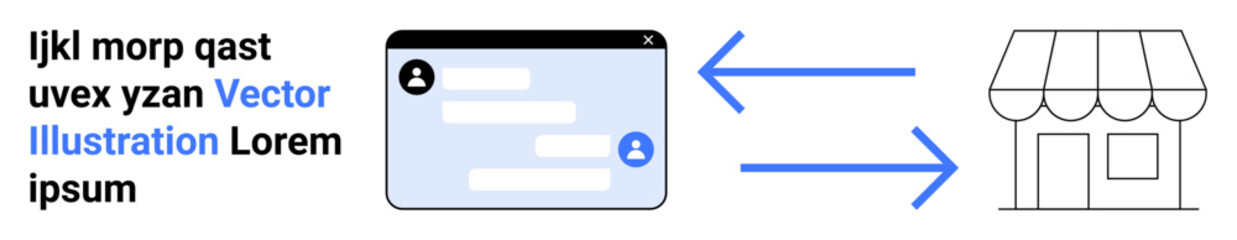 Obraz premium Online shopping, retail processes, customer interaction, digital marketing, e-commerce solutions, user experience. User interface connected to a storefront via arrows. Online shopping and retail