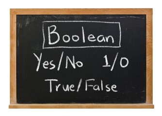 Boolean yes no one zero true false concept handwritten in white chalk on a black chalkboard in a...