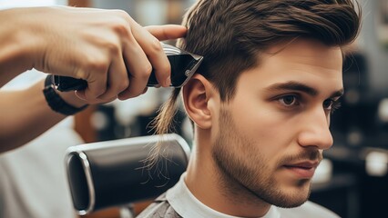 Man getting hair cut and styled with blow dryer by barber