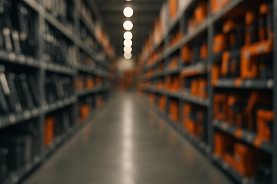 1920x1080 minimalist view down a hardware store aisle. Metal racks with tools blur into geometric shapes of silver, black, and orange bokeh. Hanging string lights create soft glowing orbs above.