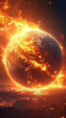 A planet engulfed in vibrant orange flames