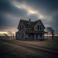 Obraz premium Abandoned Farmhouse Under a Dramatic Sky - A Haunting Landscape.