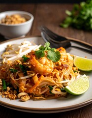 A plate of shrimp noodle dish with lime and herbs