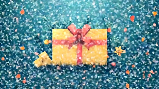 Colorful gift box surrounded by festive decorations and falling snow