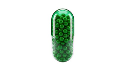 Transparent capsule filled with small green beads