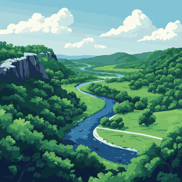 Flat vector illustration of Missouri landscape with rolling hills, forests, winding rivers, and limestone bluffs, central U