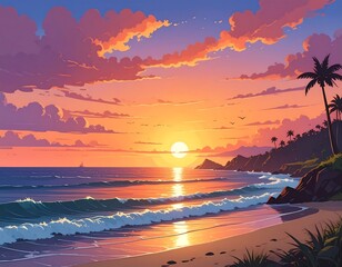 A serene beach scene with a vibrant sunset (1)