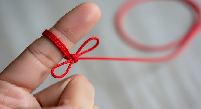 Close-up of a hand with a red string tied around a finger as a reminder or memory aid