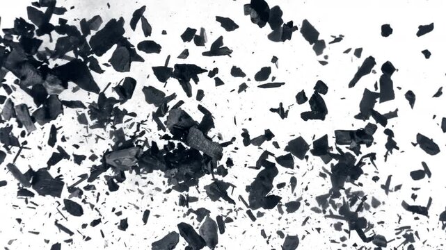 Super Slow Motion Flying and Colliding Charcoal Isolated On White Background at 1000 fps.
