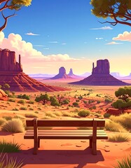 A serene desert landscape with a wooden bench in the foreground