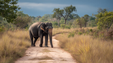 African elephant in the wild standing in natural safari habitat with large ears and long tusks in a wildlife park