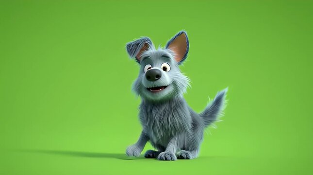 A 3D animated dog with a playful expression sits on a bright green background with a cheerful mood.