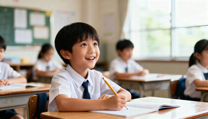 Happy Asian child sitting in classroom holding pencil and writing in notebook
