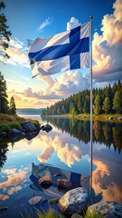 A serene landscape featuring a flag on a lake shore with trees and a cloudy sky